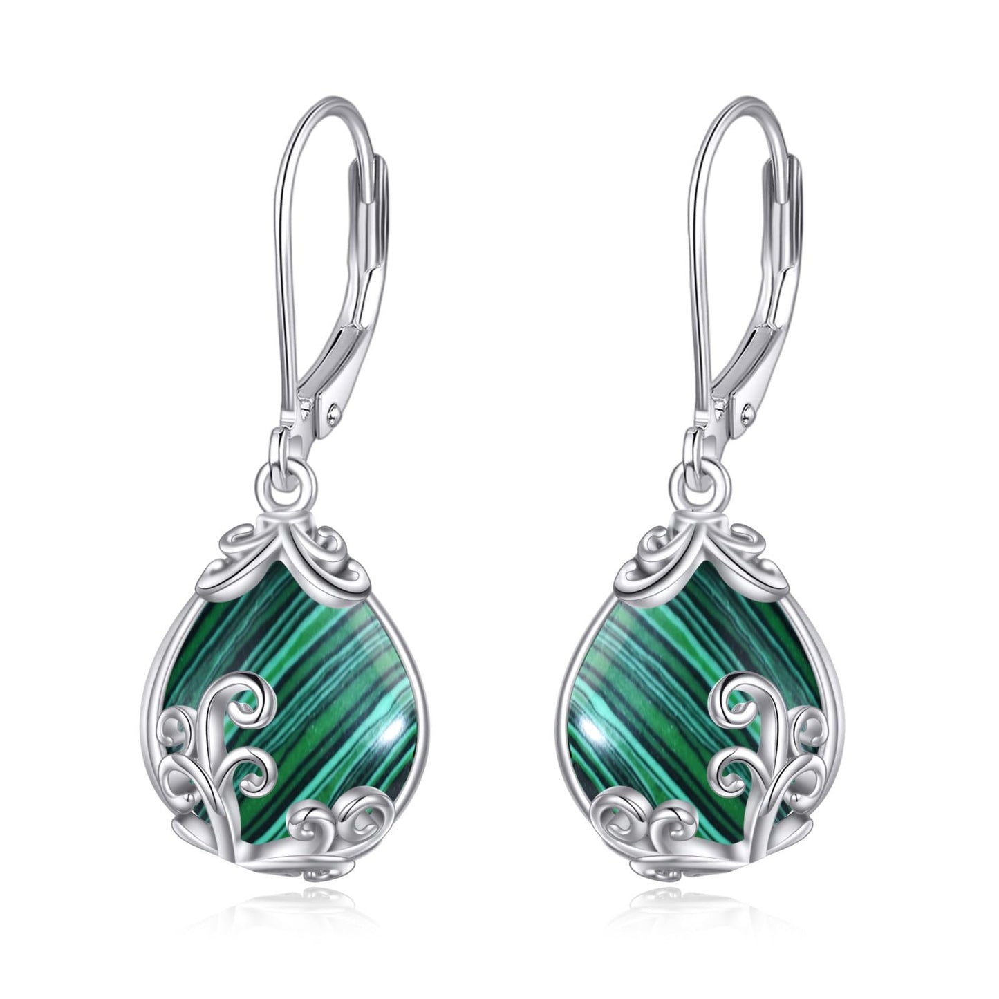 POPLYKE Malachite Filigree Teardrop Drop Dangle Earrings Sterling Silver Leverback Earrings Malachite Jewelry Gifts for Women
