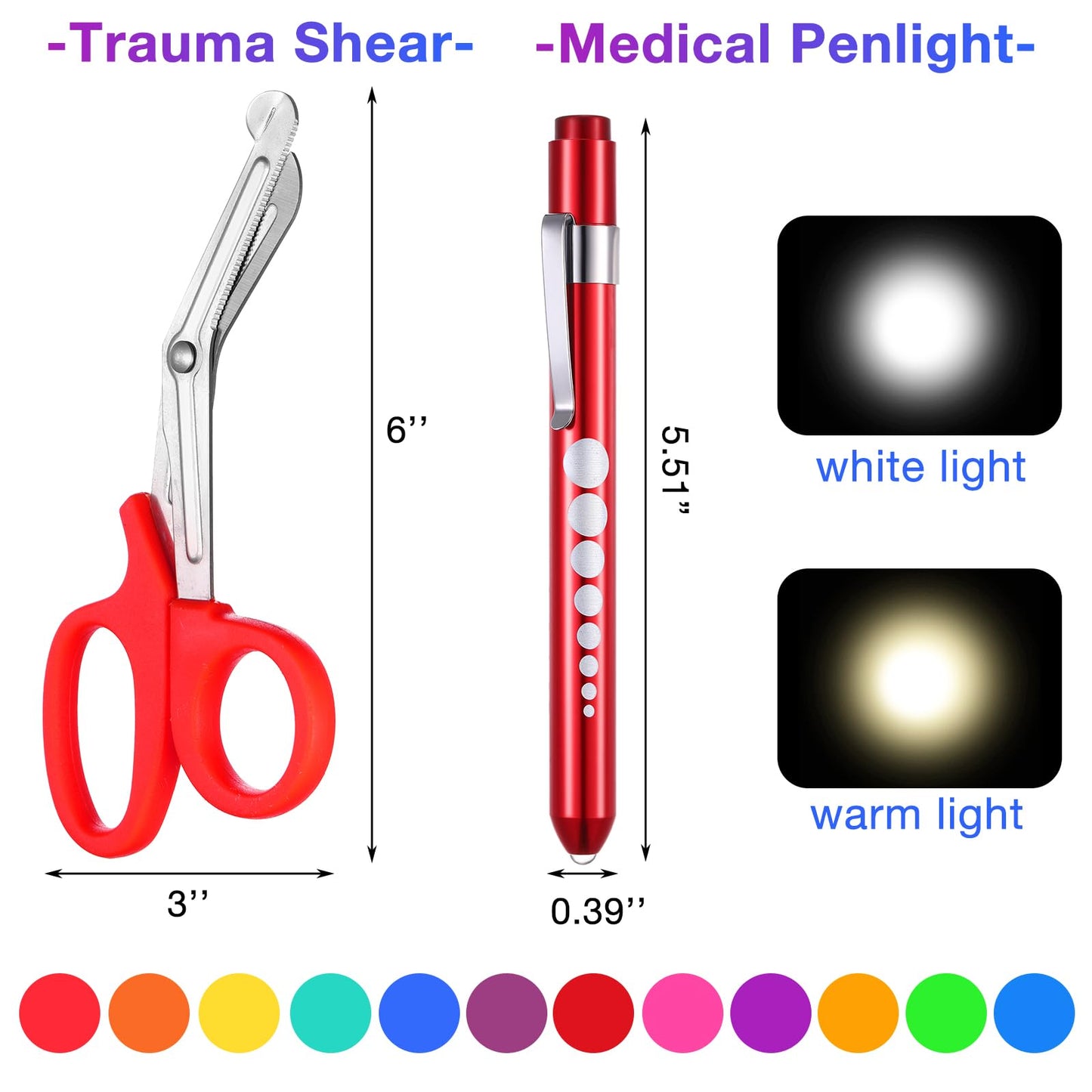 Chumia 24 Pack Trauma Shears Pen Light Bulk for Nurses Nursing Scissors with Pupil Gauge Bandage Nurse Scissors LED Penlight Medical Accessories Gifts for Doctor CNA RN First Aid EMT EMS (Rainbow)