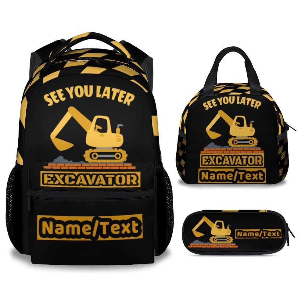PoshWrap Personalized Excavator Backpack with Lunch Box - Set of 3 Custom Backpacks Matching Combo - Utility Black Bookbag and Pencil Case Bundle