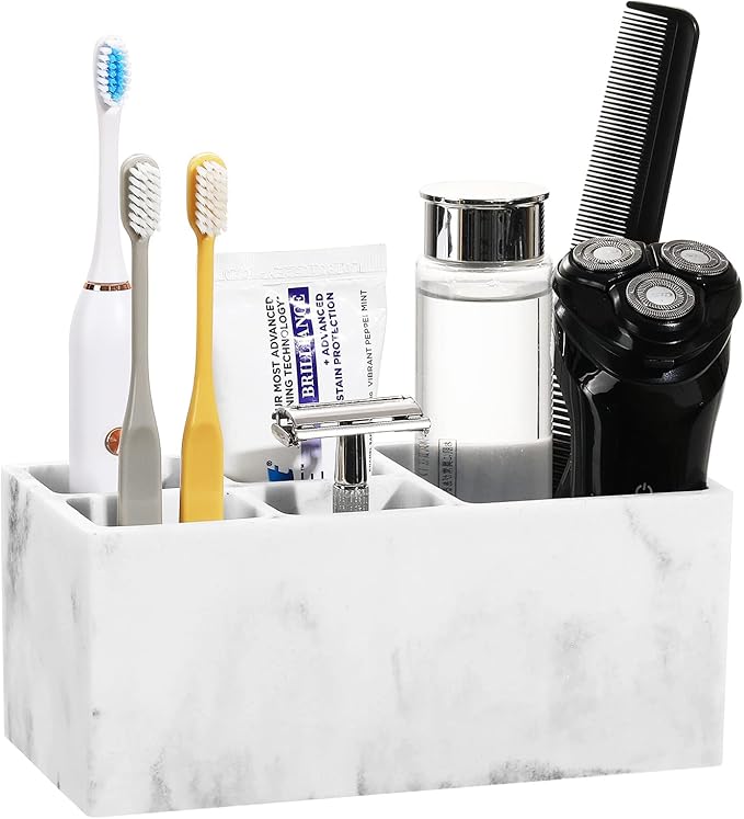Luxspire Resin Toothbrush Holder, 5 Slots Hygienic Handmade Toothbrush Storage Stand Dispenser Bathroom Organizer Set for Toothpaste, Razor - Ink White