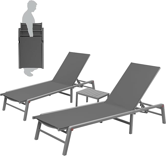 Kozyard 3-Pieces Patio Lounge Set, 2 Foldable Adjustable Lounge Chairs and Side Table, Aluminum Frame, Breathable Textilene Fabric, Assemble-Free, Reclining to Flat for Pool, Beach (Gray)