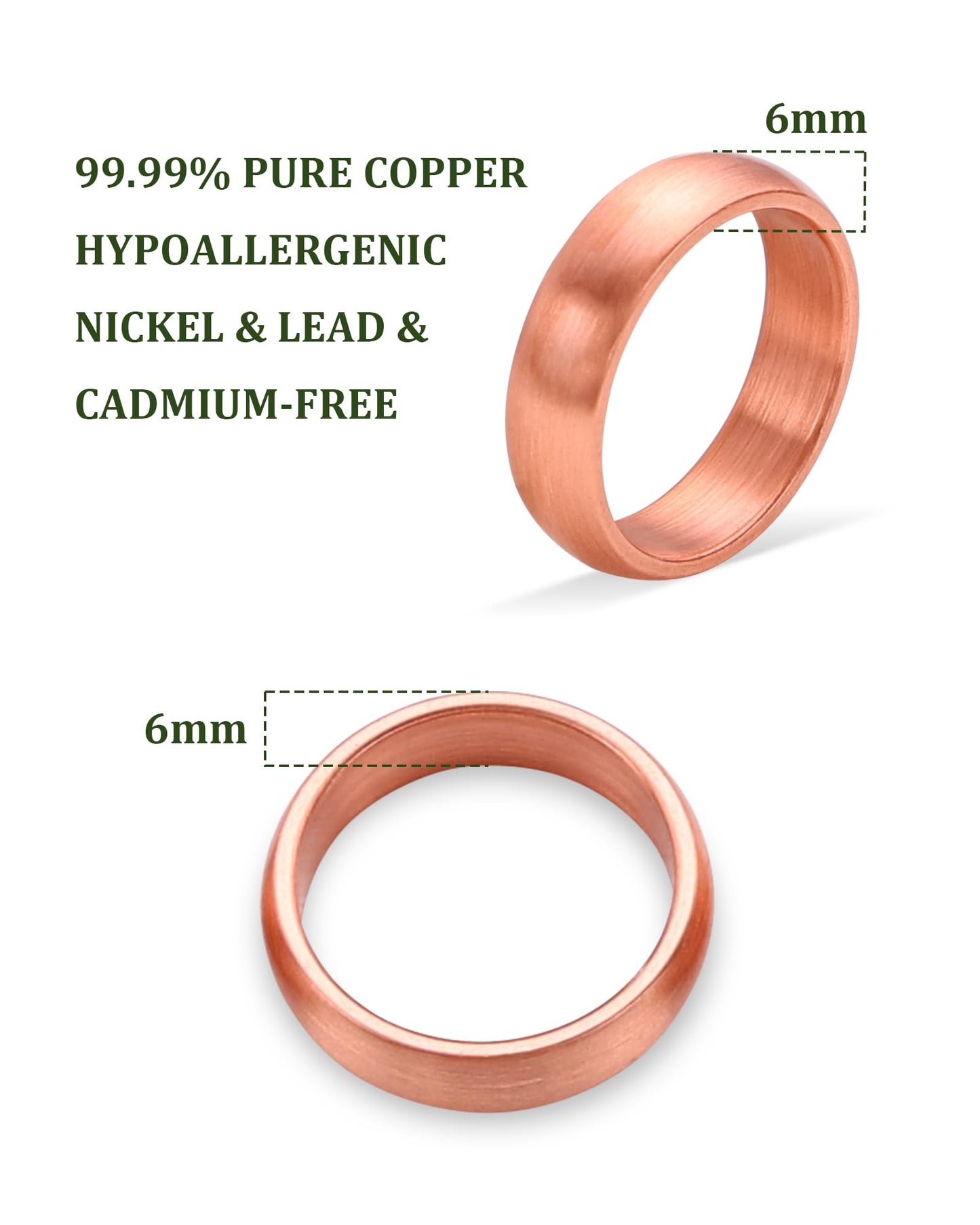 MagEnergy 2Pcs Solid Pure Copper Ring for Men & Women, Uncoated 6mm Wide, Non-Magnetic Smooth Polish, Sizes 4.5-10.5 (6.5)