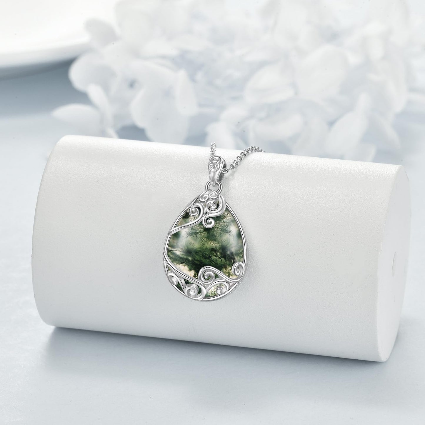 YAFEINI 925 Sterling Silver Moss Agate Necklace Filigree Teardrop Pendant Necklace Moss Agate Jewelry for Women (O-Moss Agate Filigree Necklace)