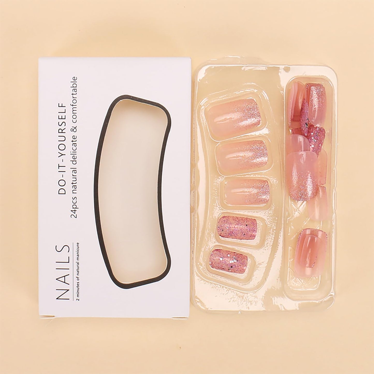 Medium Press on Nails Pink Gradient Fake Nails Full Cover Sparkly False Nails Purple Glitter Acrylic Nails Cute Press on Nails Square Glue on Nails Bling Fake Nails for Women Manicure Kit 24Pcs