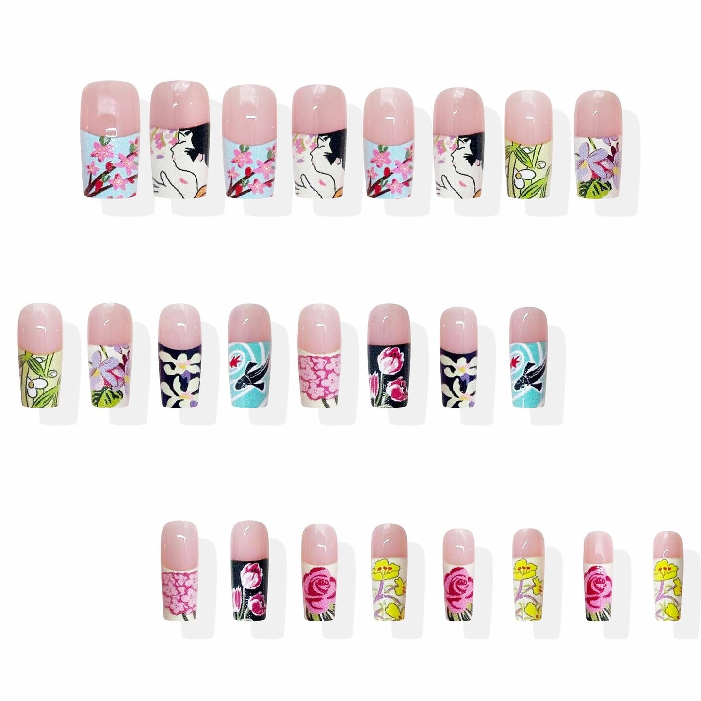 MISUD Press on Nails - Long Square Fake Nails with Colorful Flower, Acrylic French Tip Design 24 pcs
