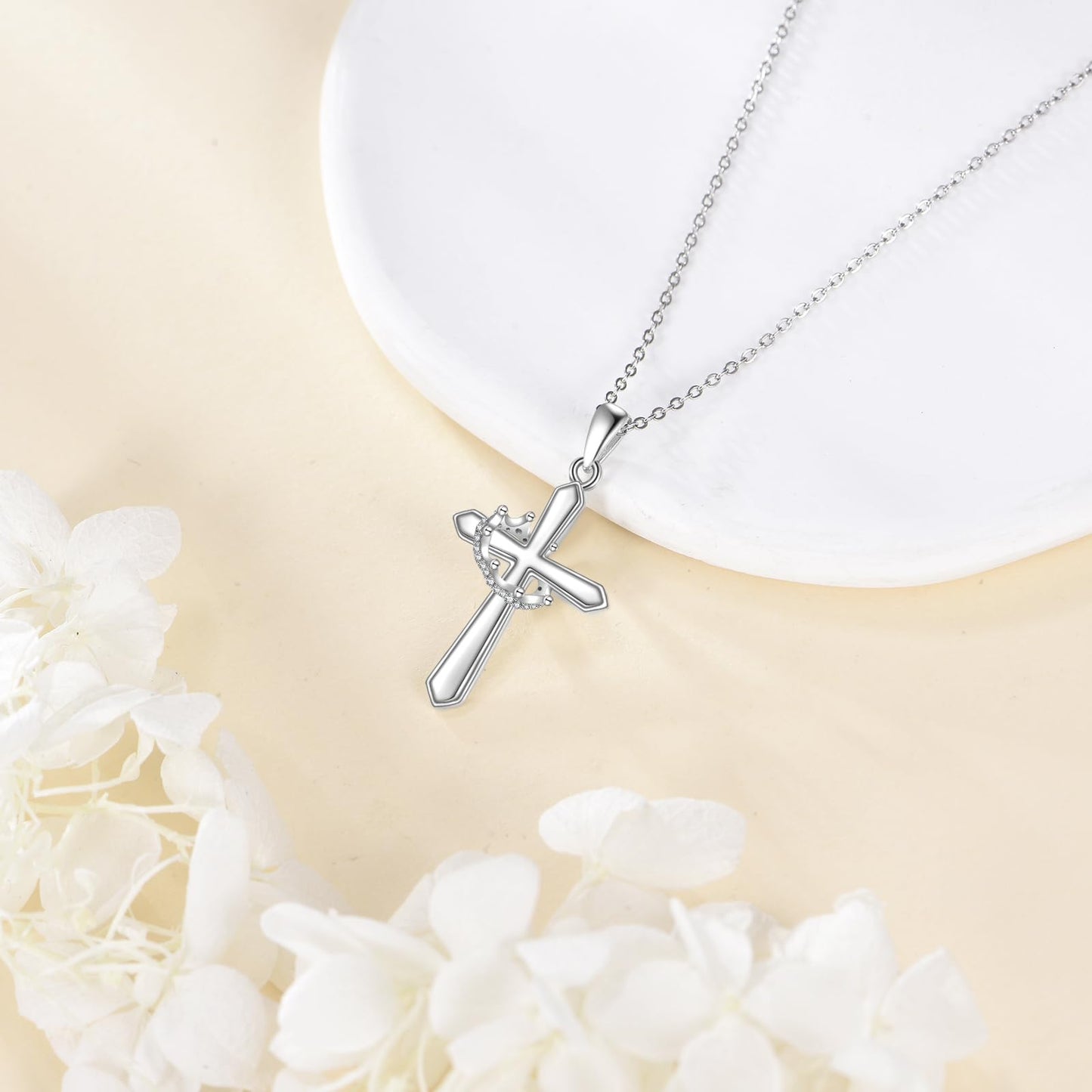 VONALA 925 Sterling Silver Crown Cross Necklace Baptism Religious Pendant Jewelry First Communion Day Gift for Women