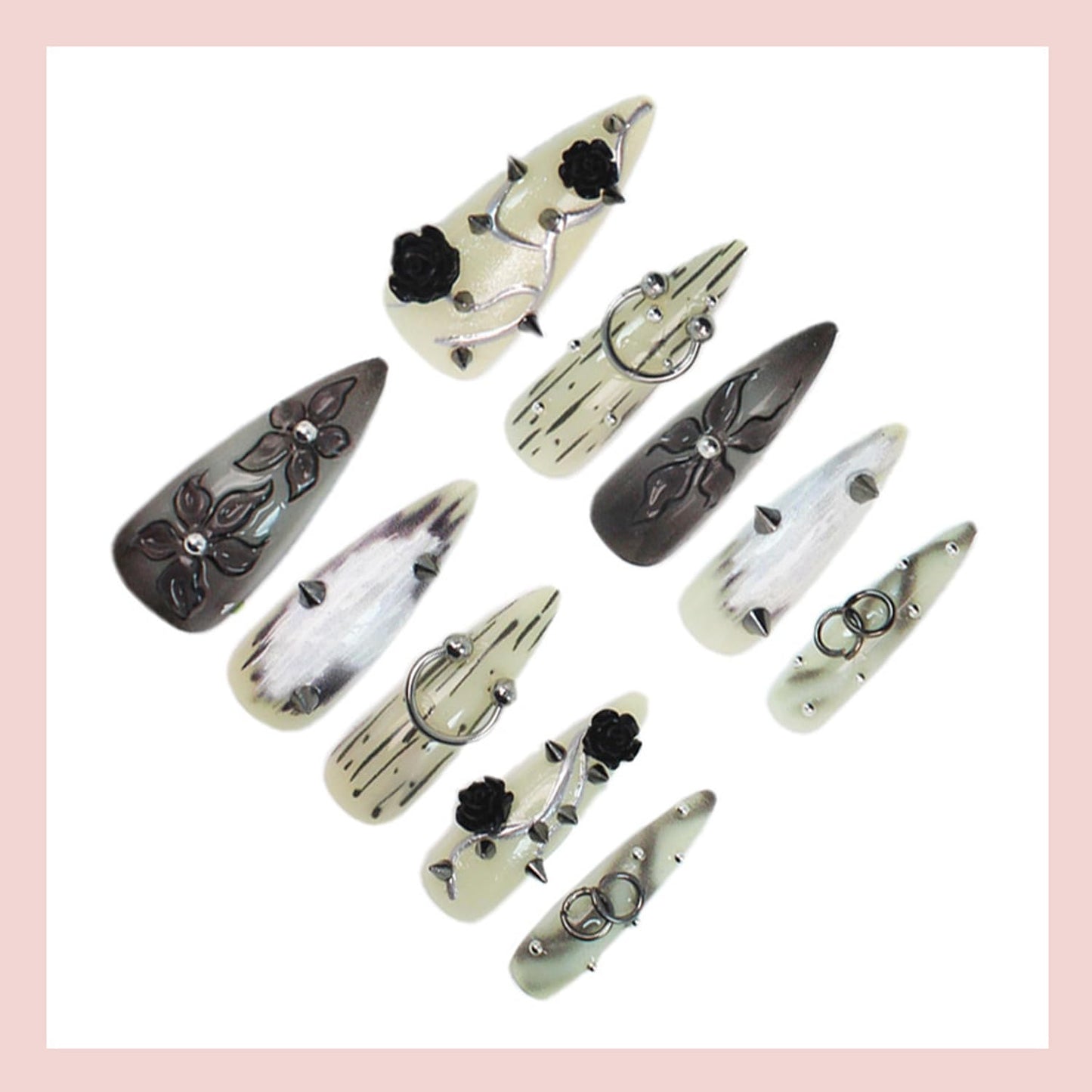 Gothic Press On Nails Long Stiletto Fake Nails with 3D Black Rose, Flower Spikes & Piercing Rhinestones Studs Designs, Reusable Acrylic False Nails for Women Punk Goth Manicure Halloween Party 24Pcs