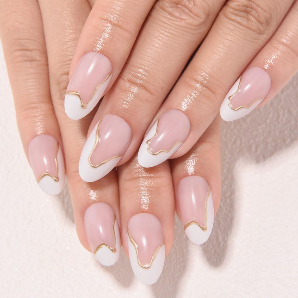 evpct French Tip Press On Nails Short Almond, Nude Pink + Gold Line & Wihte Tips, Glossy Short Almond Fake False Press on Nails, Soft Gel Stick on nail Press ons with Nail Kit Reusable Salon Quality