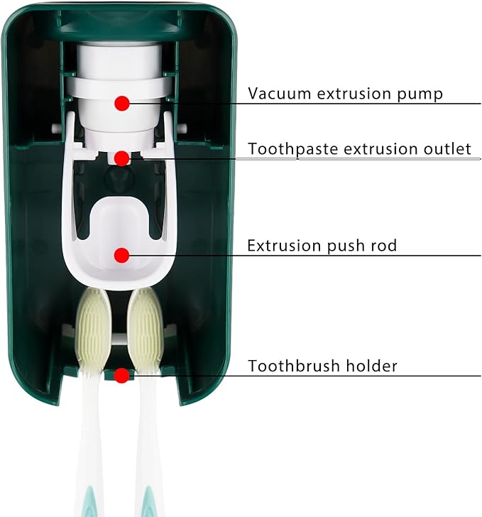 2 Slot Toothbrush Holder and Toothpaste Dispenser Wall Mounted, Automatic Toothpaste Squeezer, 2 in 1 Tooth Brush Toothpaste Organizer for Shower (Green 2Pack)