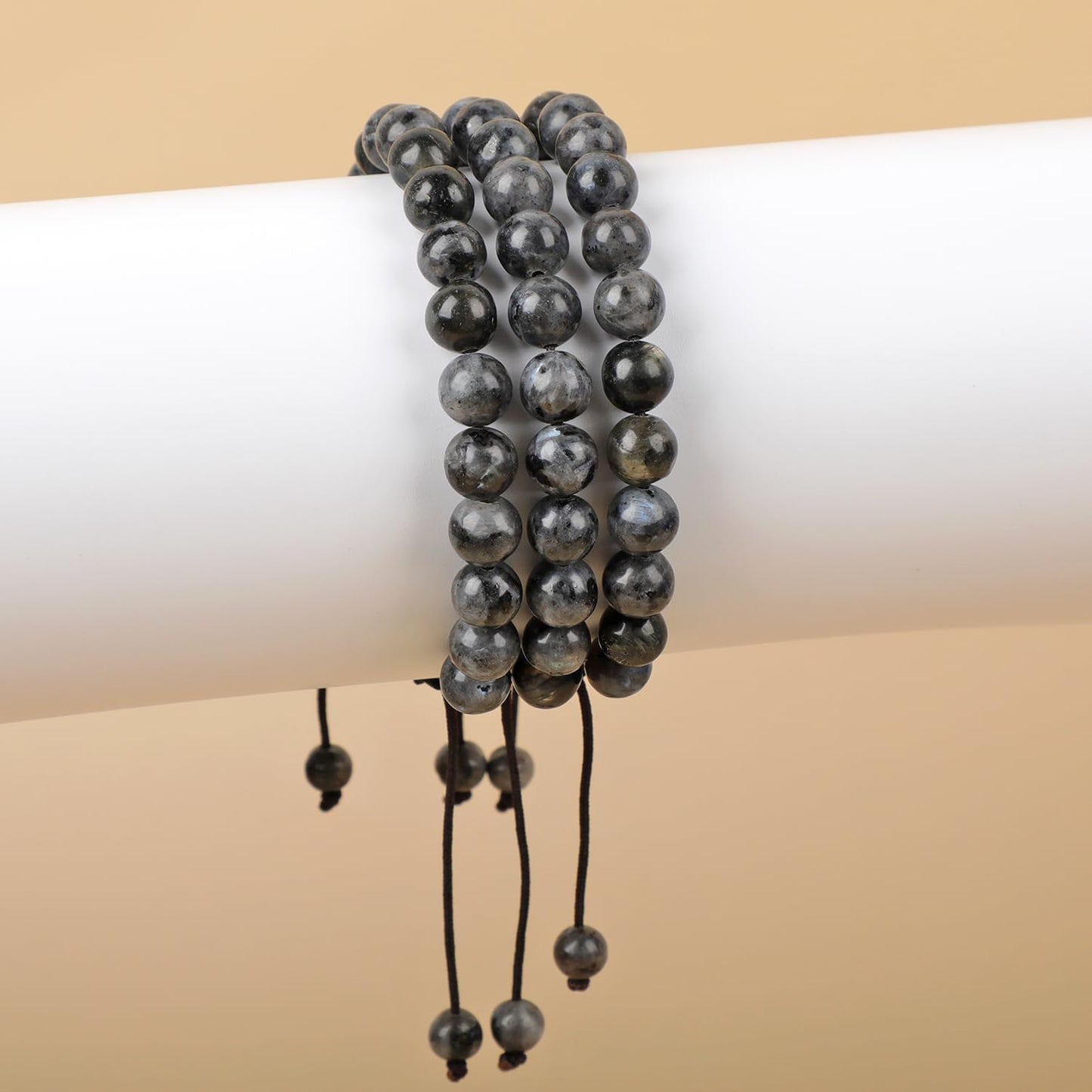 AD Beads Natural 8mm Gemstone Bracelets Healing Power Crystal Macrame Adjustable 7-9 Inch (Larvikite)