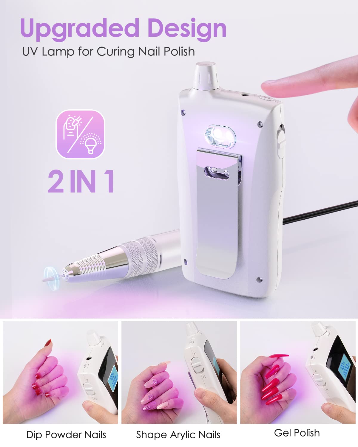 Beloving Portable Nail Drill Machine,30000RPM Rechargeable Electric Nail File Professional with Speed Display,Sanding Bands and Bits,Efile for Acrylic Dip Gel Nails Manicure Pedicure Home Salon Use