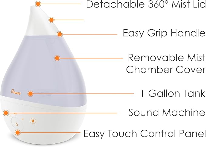 Crane 4-in-1 White Drop Ultrasonic Cool Mist Humidifier with Sound Machine, Night Light, Aroma Tray, 1 Gallon Top Fill White