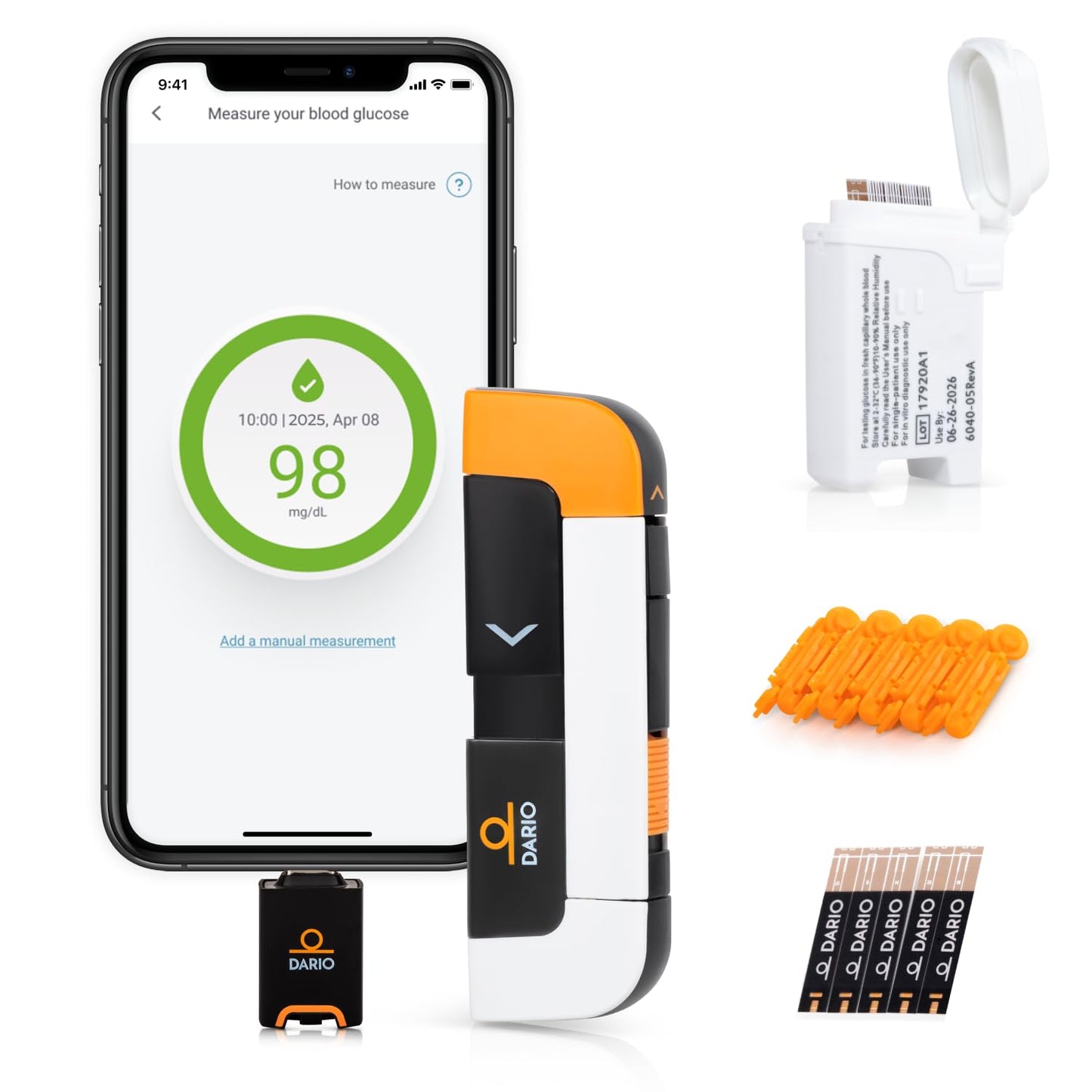 DARIO Smart Glucose Monitor Kit | Lightning Adapter (Compatible with iPhone 14 and earlier) | Test Blood Sugar Levels & Manage Diabetes, Testing Kit Includes: Glucometer with 25 Strips, 10 lancets
