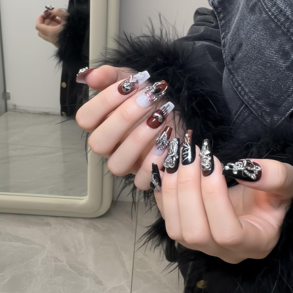 Handmade Skeleton Press On Nails long Coffin Reusable Stick On Fake Nails Luxury Elegant Sexy Style For Women Gift With Nail Glue Red Black S