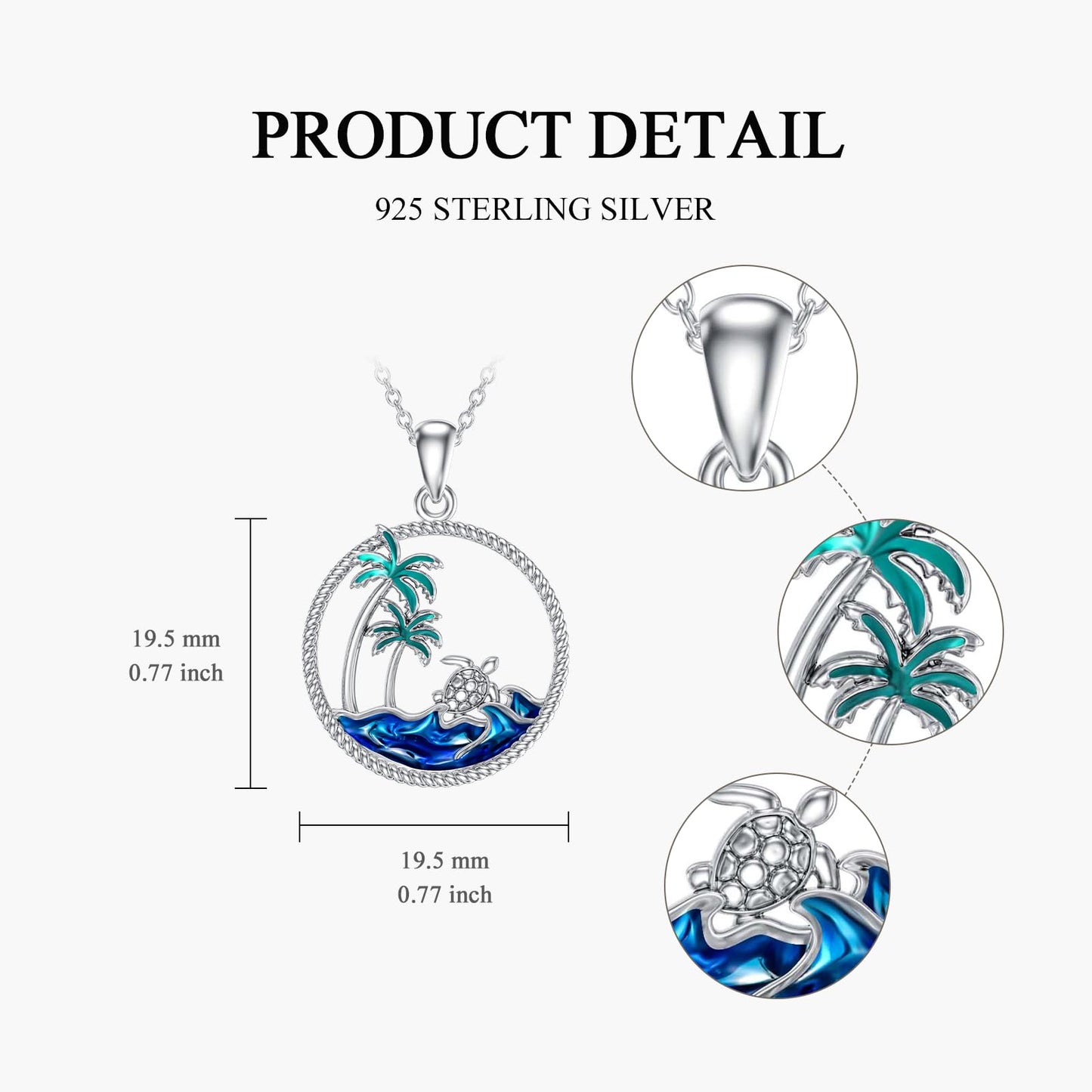 PROESS Sea Turtle Necklace Sterling Silver Palm Tree Pendant Necklace Ocean Wave Jewelry For Women Turtle Lovers