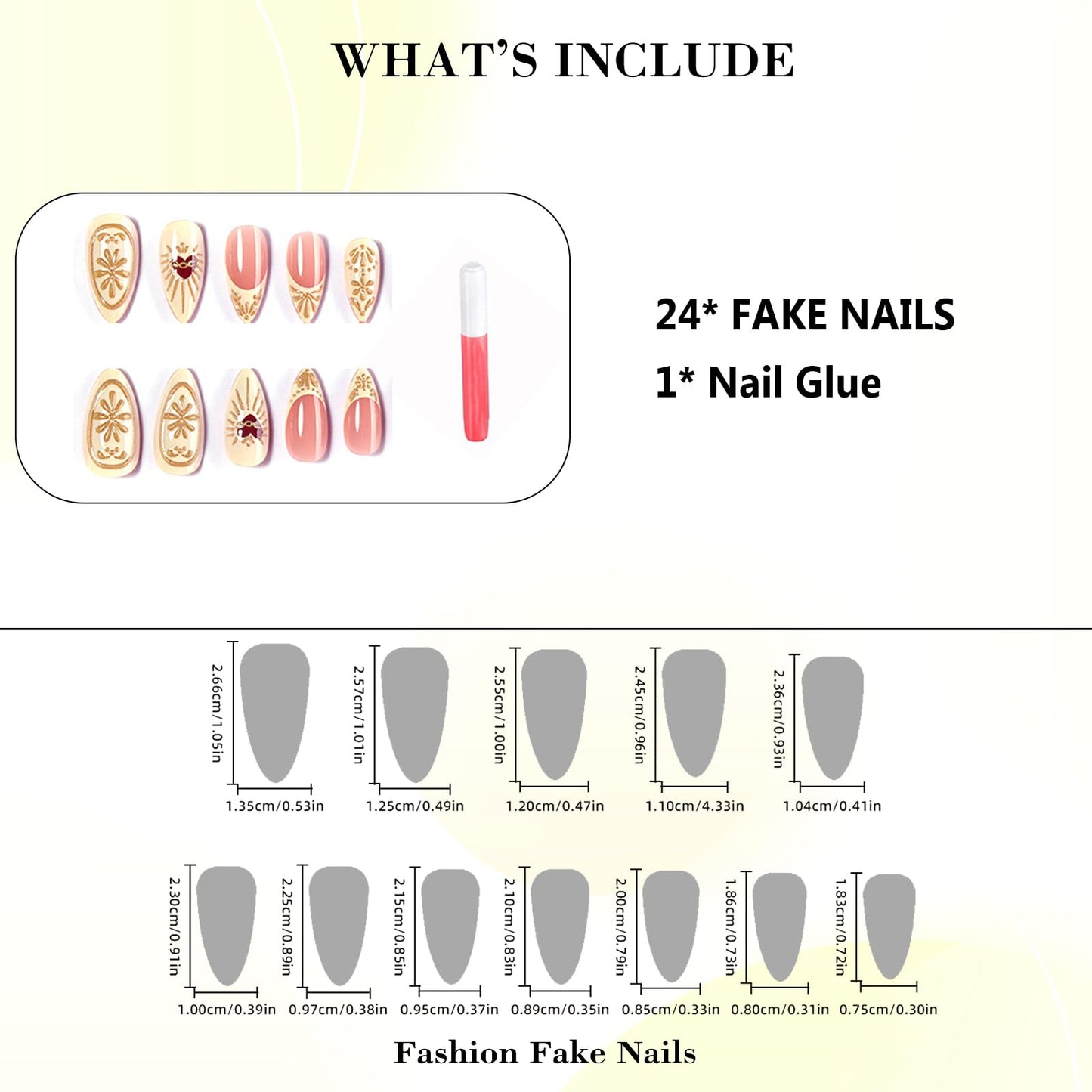 IMRAIN Press on Nails Medium Almond Fake Nails French Nail Tips 3D Golden Flower Designs Full Cover Artificial Stick on False Nails for Women