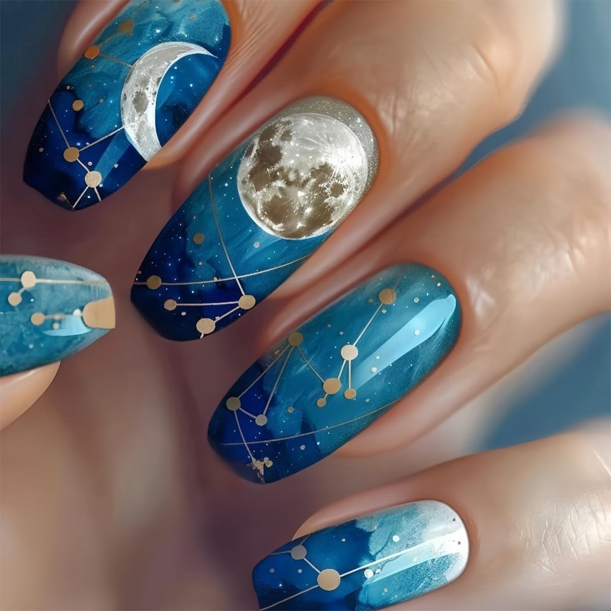 Coffin Press on Nails Medium False Nails Blue Gradient Fake Nails with Night Sky Designs Cute French Tip Acrylic Nails Reusable Glue on Nails Glossy Full Cover Stick on Nails for Women Girls 24Pcs