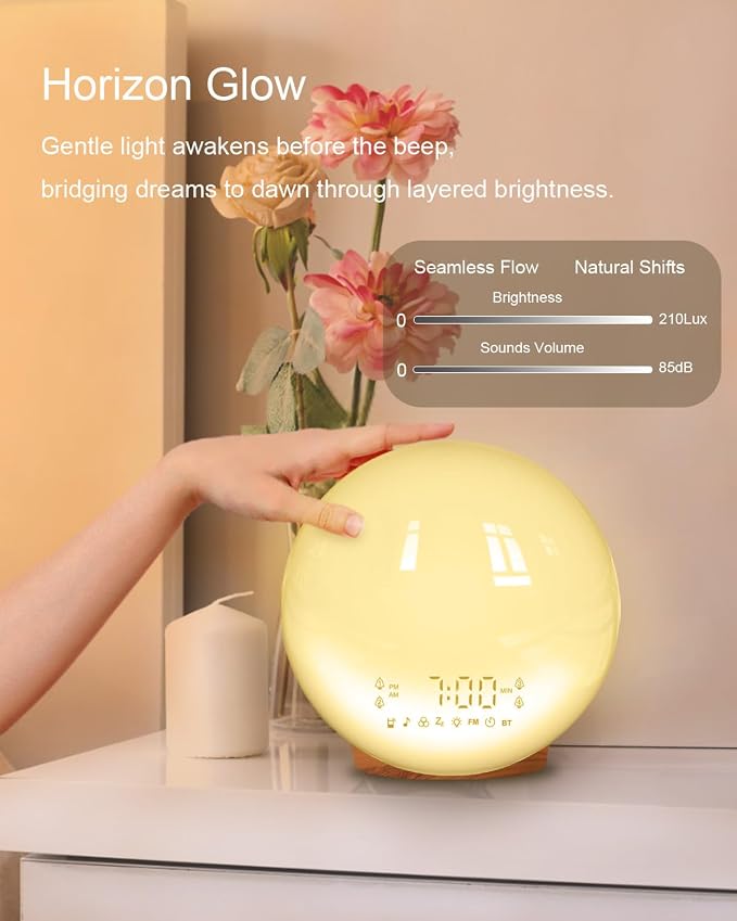 Smart Sunrise Alarm Clock with No Signup APP Control & Wake-Up Light, 4 Alarms, Sound Machine, FM Radio, Wireless Speaker, Wood Grain