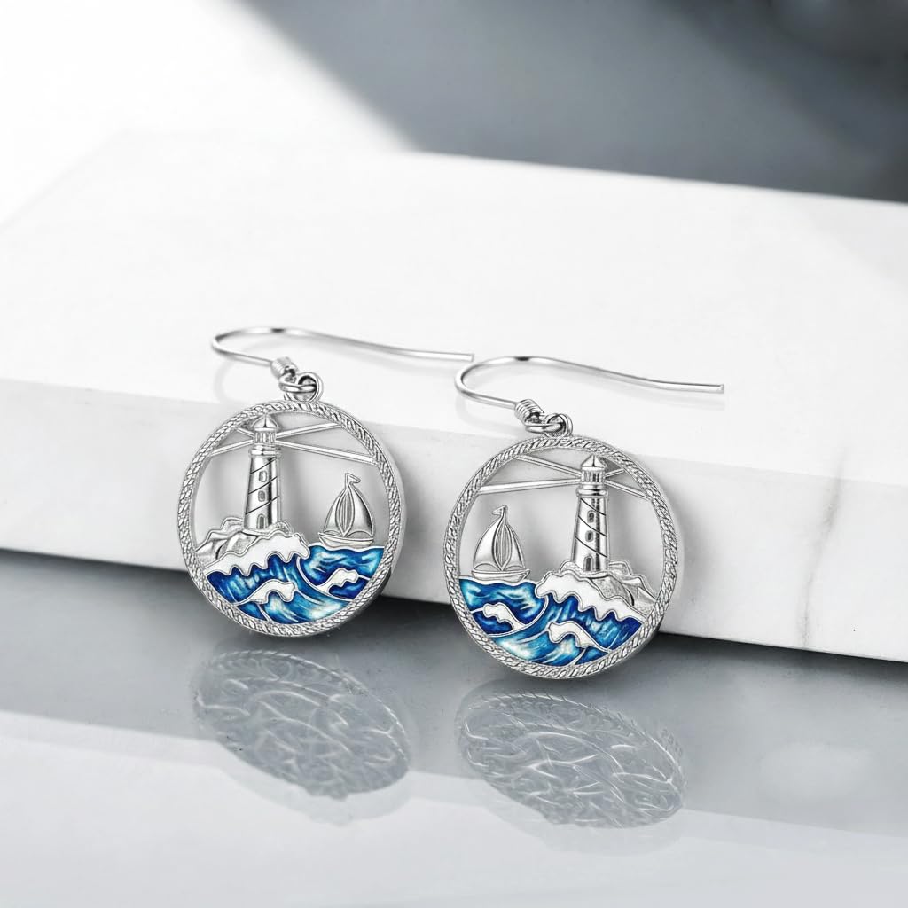 PROESS Lighthouse Earrings 925 Sterling Silver Ocean Wave Earrings Beach Jewelry Gift For Women Mother's Day