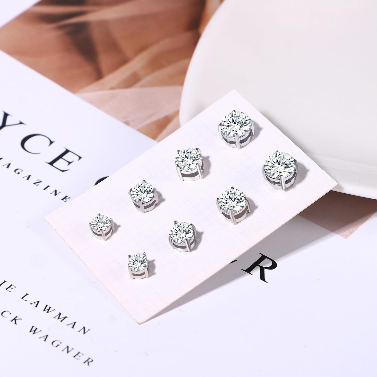 Magnetic Non-piercing Clip On Earrings: Stainless Steel 5-8mm CZ Inlay Round Fake Cheater Studs for Men Women, 4 Pairs Silver