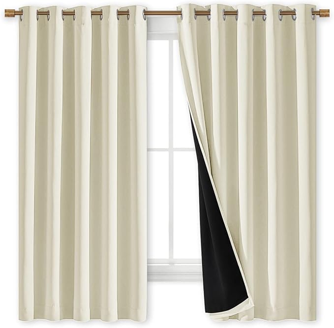 NICETOWN Living Room Completely Shaded Draperies, Privacy Protection & Noise Reducing Ring Top Drapes, Black Lined Insulated Window Treatment Curtain Panels (Beige, 2 Pieces, W70 x L63)