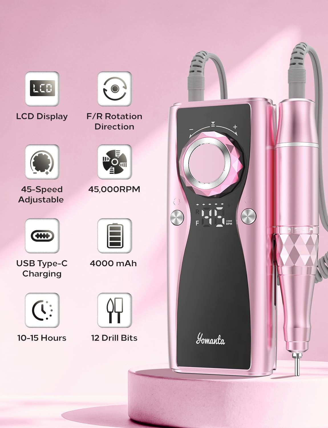 Electric Nail Drill Professional Kit: 45,000 RPM USB Rechargeable Efile Nail Drill Nail File with 12 Bits for Polishing Gel/Acrylic Nails- Portable Manicure Tool Set for Salon/Home-Rose Gold