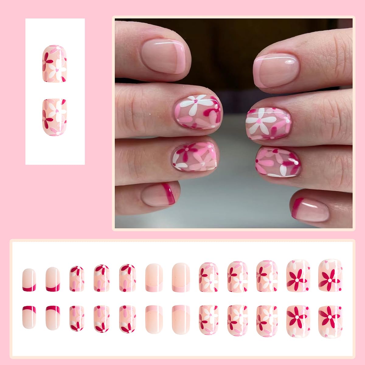 Pink French Tip Press on Nails Short Square Fake Nails with Glue Nude Acrylic Nails Stick on Nails Spring Flowers False Nails for Women and Girls Reusable Nails Kits 24pcs
