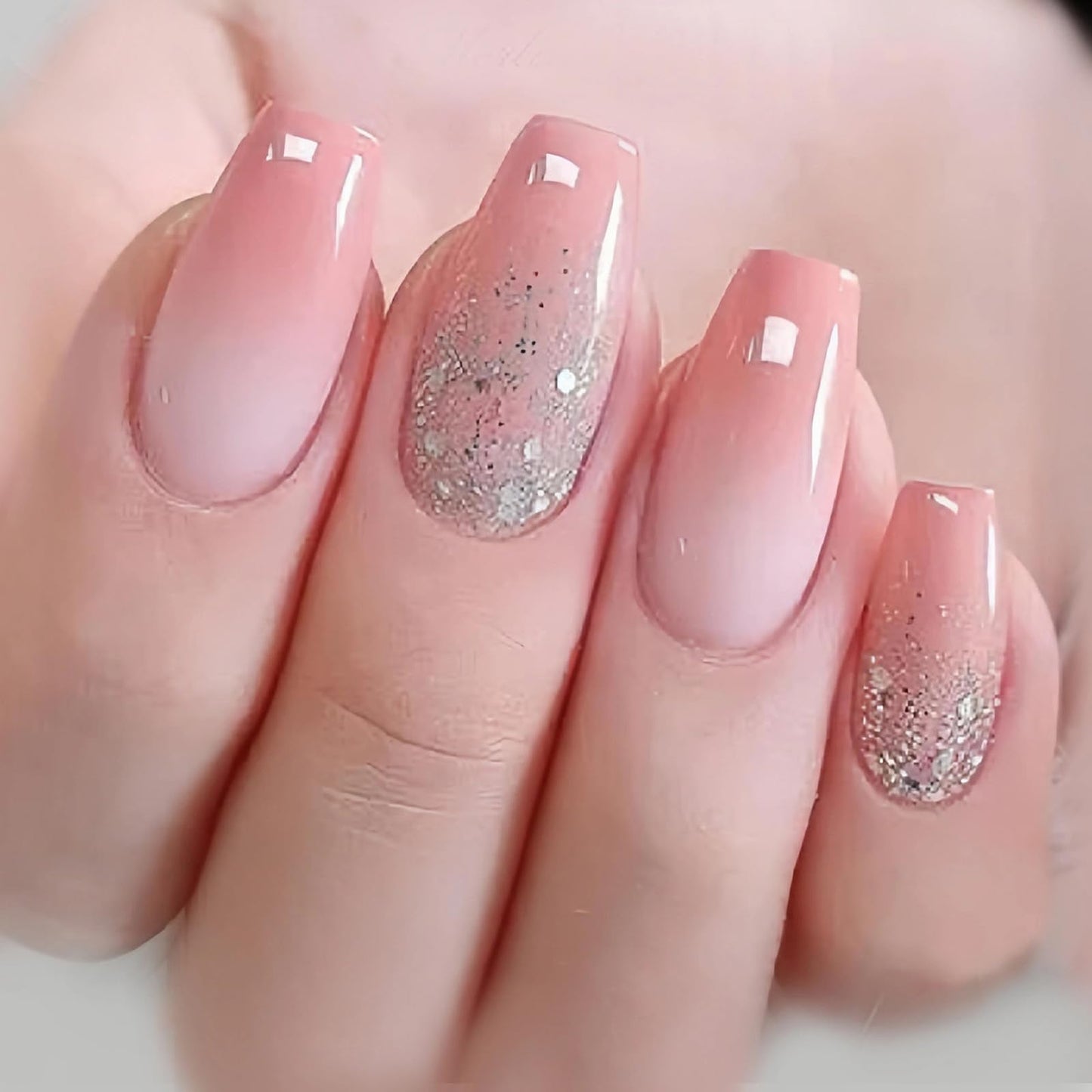 MISUD Press on Nails - Long Coffin Fake Nails with Pink Ombre, Acrylic Bling Glitter Design 24 pcs