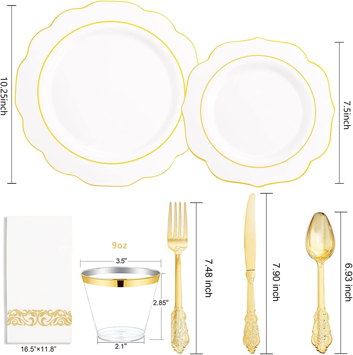 NOCCUR 175PCS Gold Plastic Plates with Disposable Silverware - White Gold Plastic Tableware Include 25 Dinner /25 Dessert Plates, 75 Cutlery, 25 Cups, 25 Napkins - Ideal for Fall Party&Thanksgiving