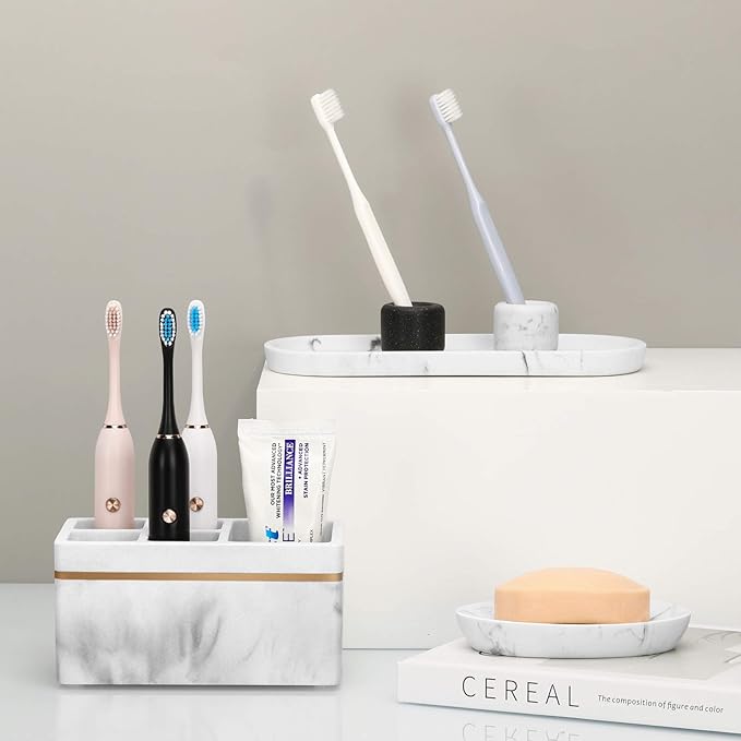 Shinowa Resin Toothbrush Holder, 5 Slots Hygienic Electric Toothbrush Holder Storage Stand Organizer for Toothbrush, Toothpaste, Razor, Gravel White