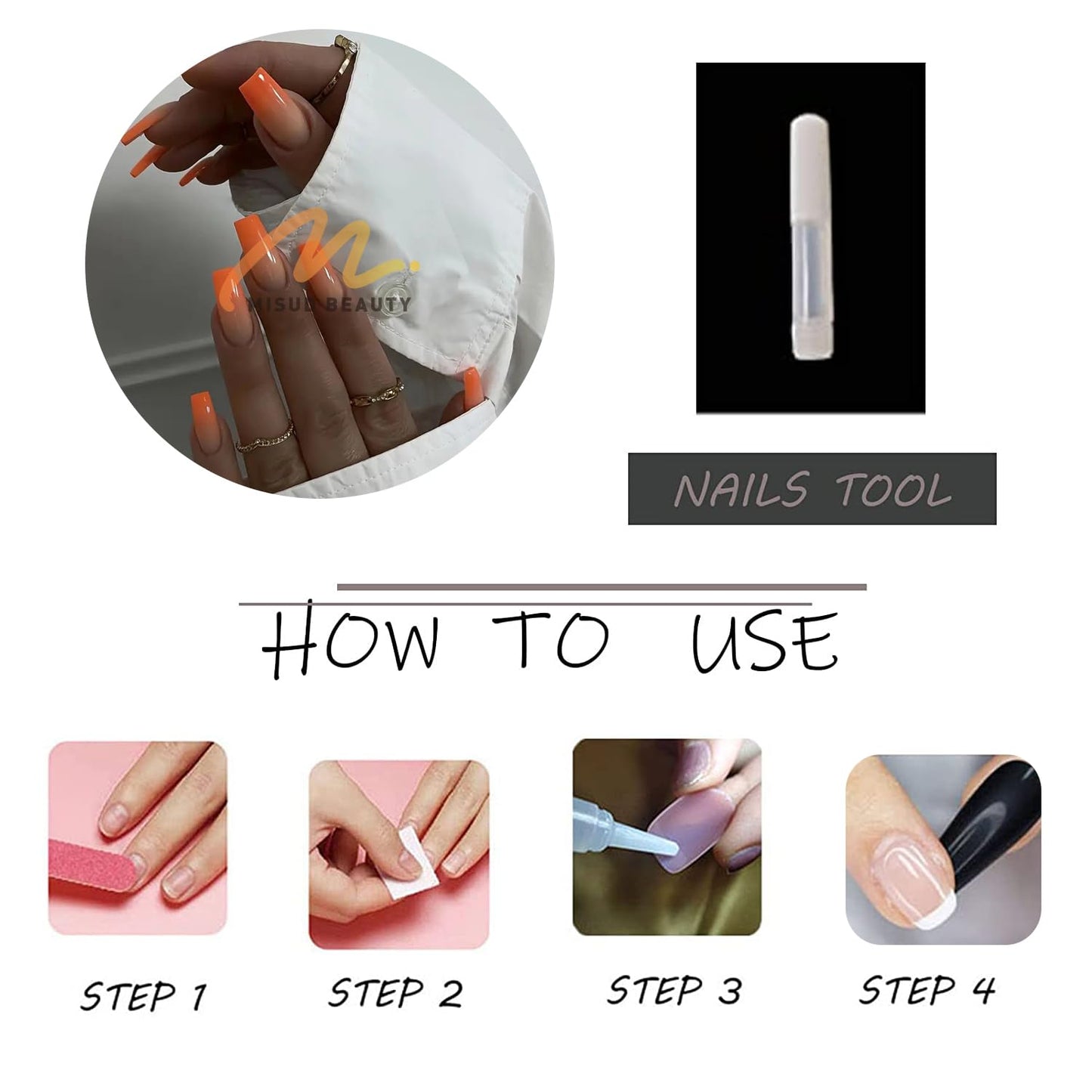 MISUD Press on Nails - Long Square Fake Nails with Summer Orange, Acrylic Ombre Gradient Design 24 pcs