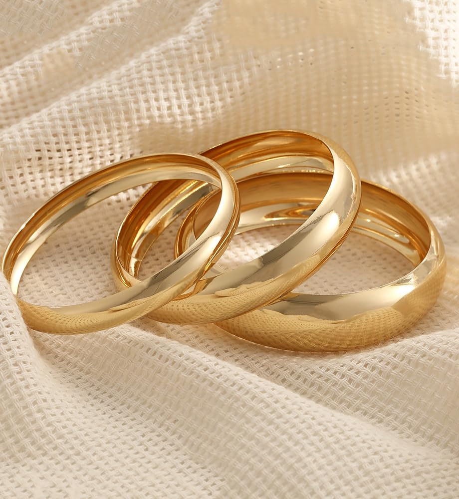 Chunky Gold Bangle Bracelets for Women, Dainty 14k Gold Plated Big Stackable Bangles Set, Trendy Statement Cuff Bracelet Stack Fashion Jewelry Gifts (3 Thick gold bangles)