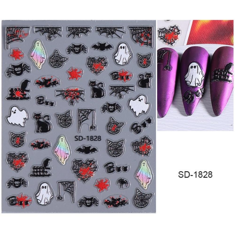 Halloween Nail Stickers Cute Ghost Nail Designs 3D Self-Adhesive Coffin Spider Web Pumpkin Nail Decals 5D Embossed Star Moon Bat Nails Supplies for Women Holiday DIY Manicure 5 Sheets