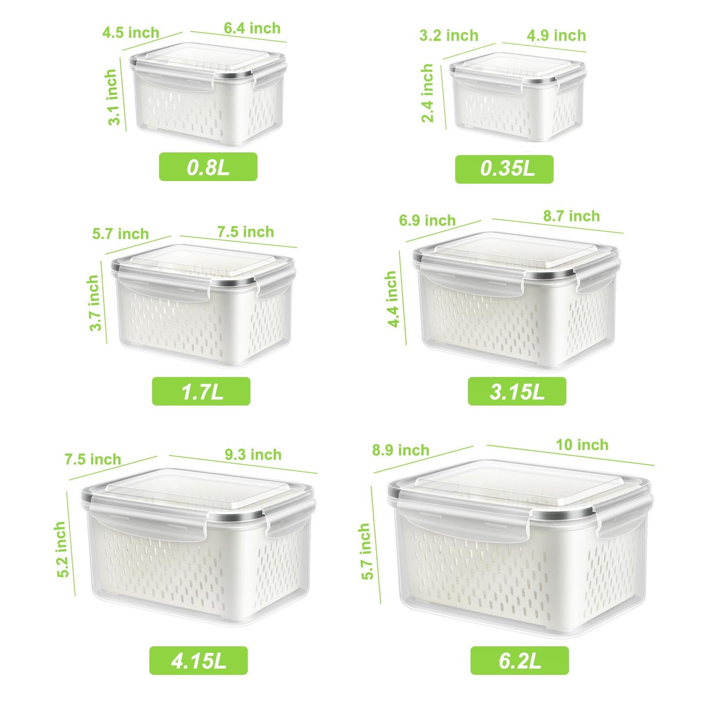 TBMAXS 6 Pack Fruit Storage Containers for Fridge, Produce Saver Vegetable Container with Drain Colanders - Refrigerator Organizer for Lettuce Keepers Berry Container