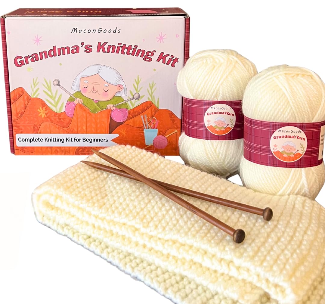 MaconGoods Grandma's Knitting Kit - Complete Knitting Kit for Beginners - Includes Beginner Yarn, Bamboo Needles, Video Tutorial, and Written Guide & More - Easy Learn to Knit Kit
