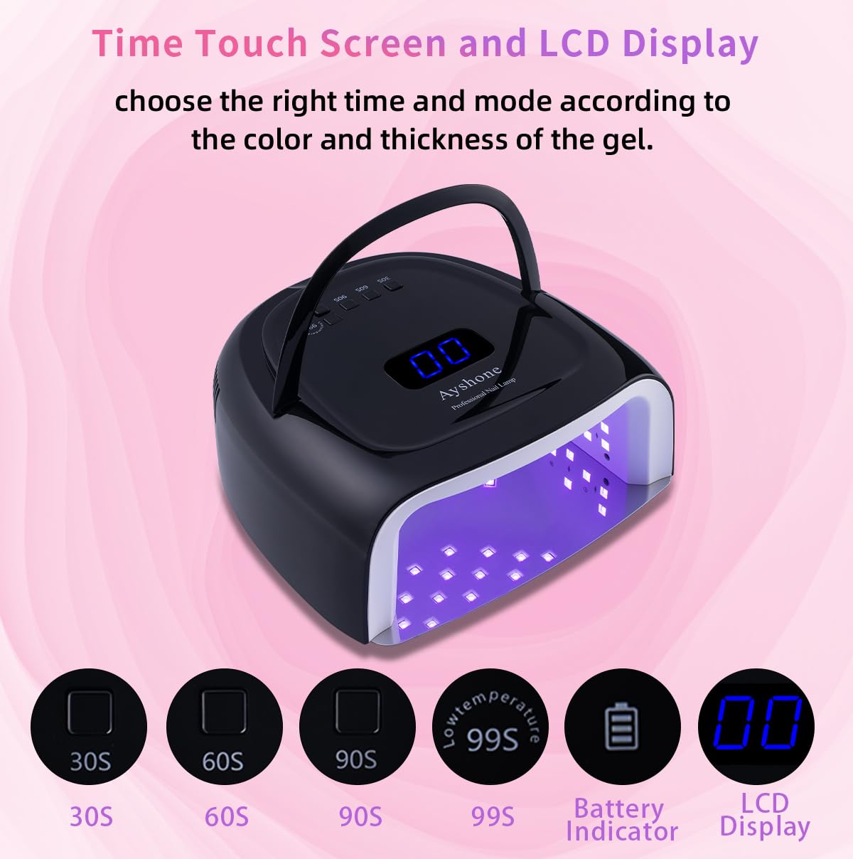 Ayshone Rechargeable LED Gel Nail Lamp, 60W Cordless UV Led Nail Light with Lifting Handle Touch Sensor LCD Screen (Black)