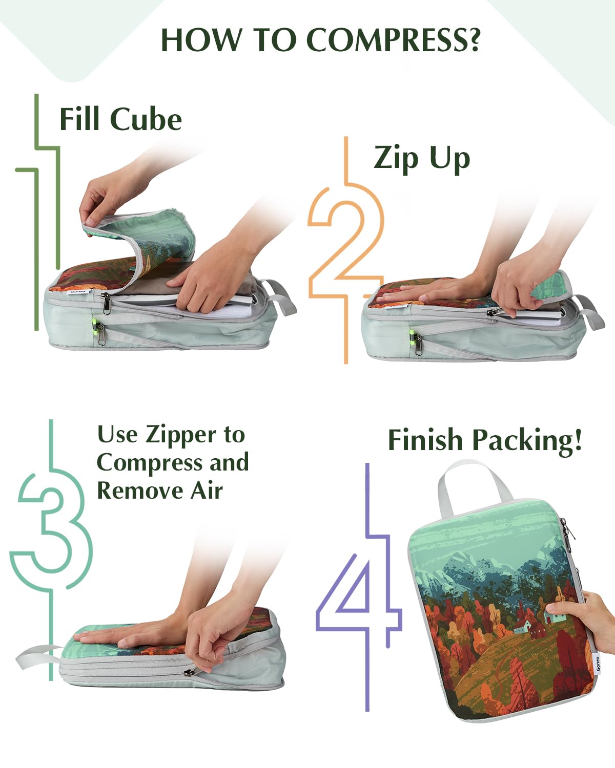 Gonex Compression Packing Cubes, 4pcs Expandable Storage Travel Luggage Bags Organizers, Travel Cubes for Suitcase Carry On (Seasons)