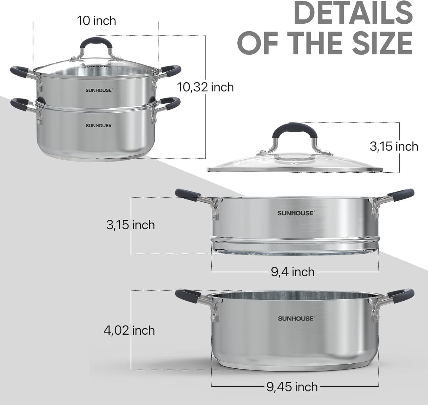 SUNHOUSE - 4.6 Quart Steamer Pots with Lid 2-Tier Multipurpose Stainless Steel Steaming Pot Cookware with Handle for Vegetable, Dumpling, Sauce, Food - Triple Bottom, Measurement Line