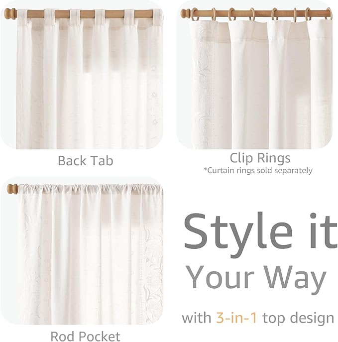 jinchan Winslow White Linen Curtains for Bedroom 84 Inches Length Embroidered Bordered Floral Curtains for Living Room Farmhouse Decor Light Filtering Window Treatments White on White Drapes 2 Panels