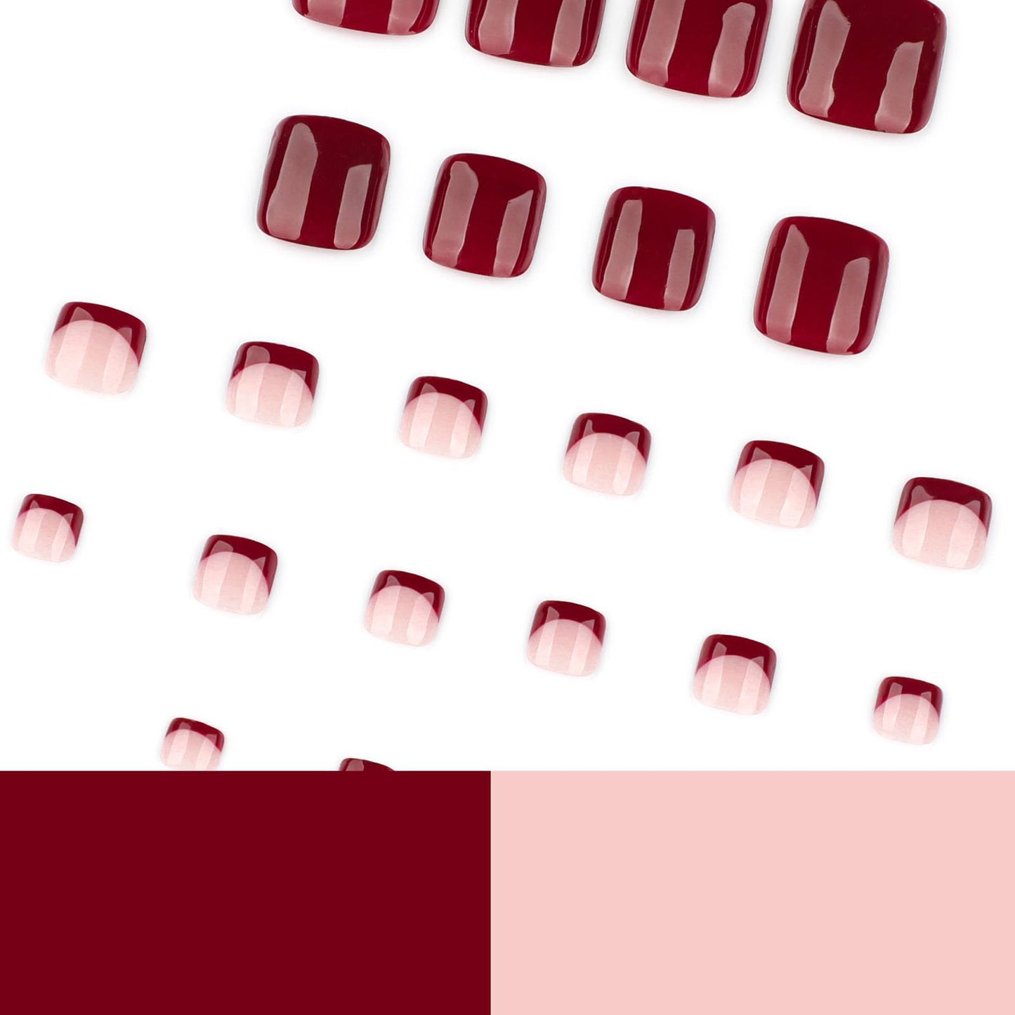 RUOKEXIN Short Press on Toenails Red French Tip Fake Toenails with Designs Square Toe Nail Press ons Sparkly Artificial Nails for Women 24Pcs