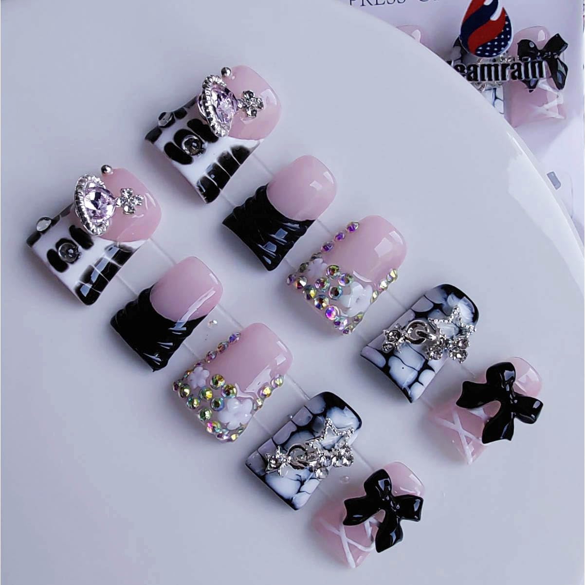 Gleamrain Handmade Press on Nails Duck Fake Nails Pink and Black Design with Rhinestones and Bow and Flower for Women 10pcs M Size Pattern 1101
