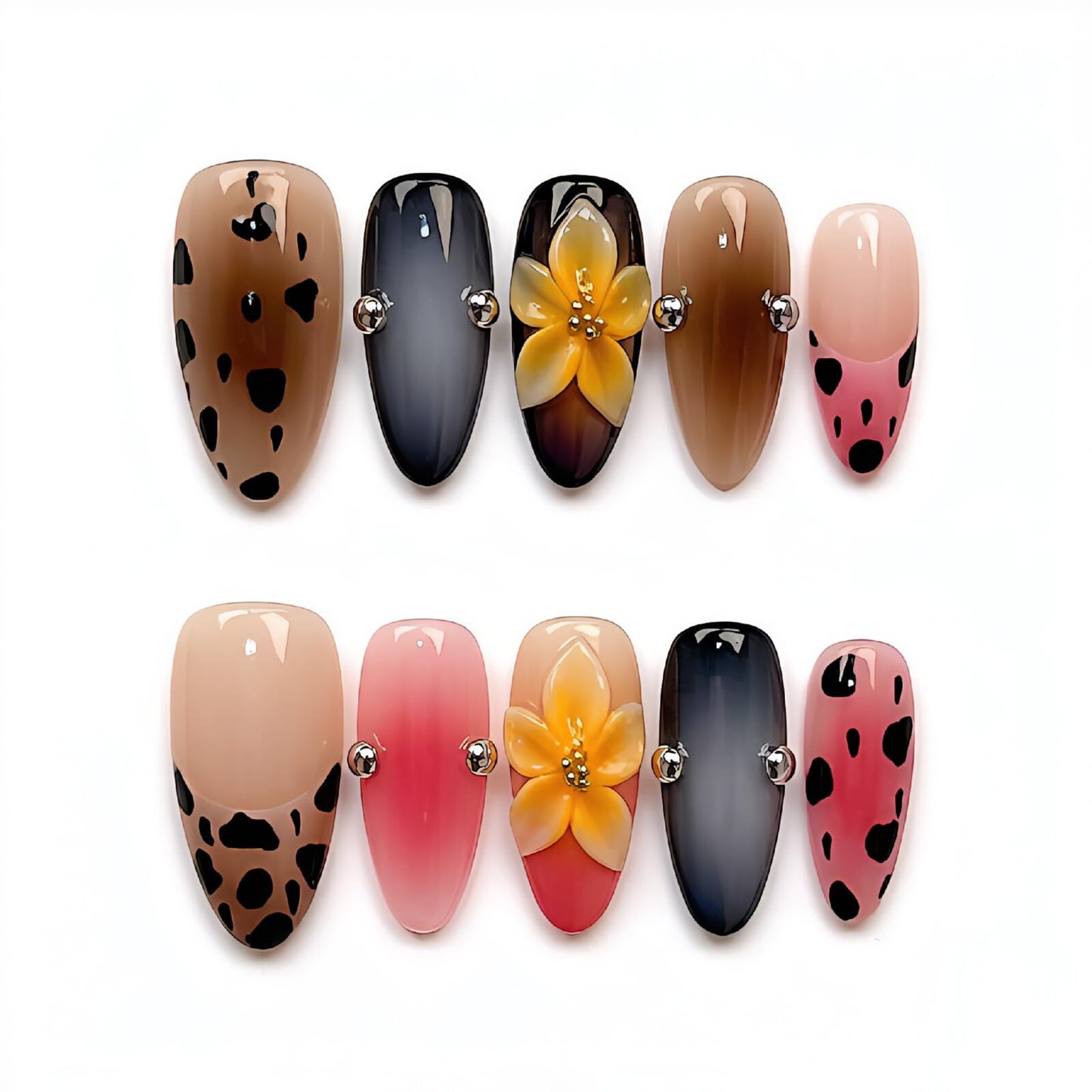 Handmade Press on Nails Medium Almond Fake Nails,Gold Metal Fake Nails Thickened Acrylic False Nail Full Cover Pink White French Tips Stick on Nail for Women(Size M)