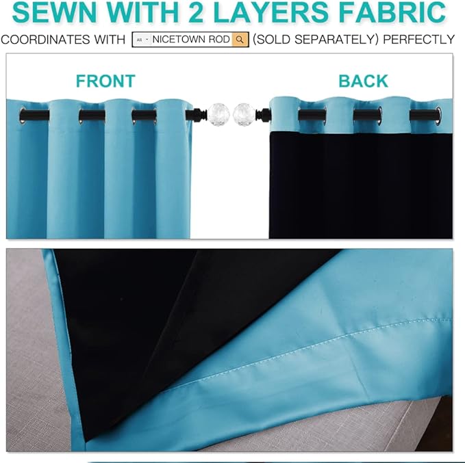 NICETOWN 100% Blackout Curtains with Black Liners, Thermal Insulated Full Blackout 2-Layer Lined Drapes, Energy Efficiency Window Draperies for Bedroom (Teal Blue, 2 Panels, 42-inch W by 63-inch L)