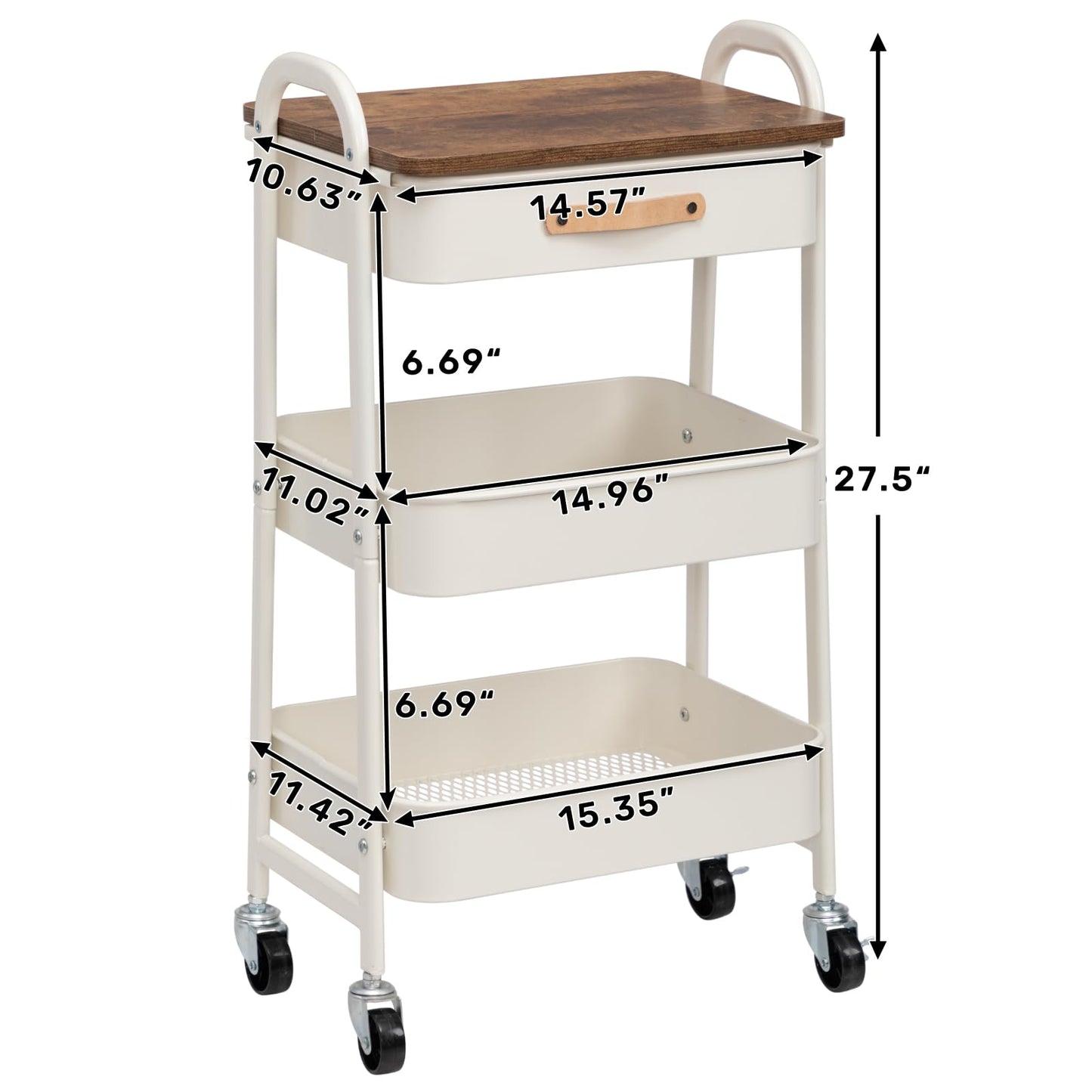 AGTEK 3 Tier Rolling Utility Cart Organizer with Drawer, Metal Craft Cart with Wheels for Bathroom, Kitchen, Office, Nursery Diaper, White