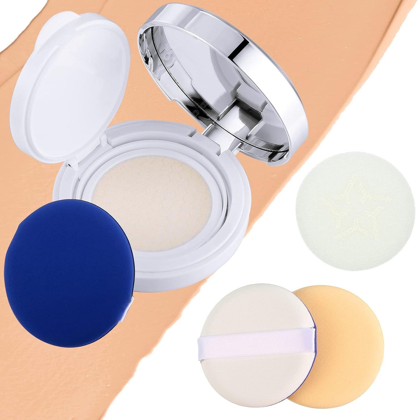 Patelai 7 Pcs 0.5oz Empty Luxurious Air Cushion Puff Box with Sponge Puff and Mirror, Portable Make-up Powder Container Case with Extra Sponges and Puffs, Refillable Foundation Bb Cream Box(Silver)