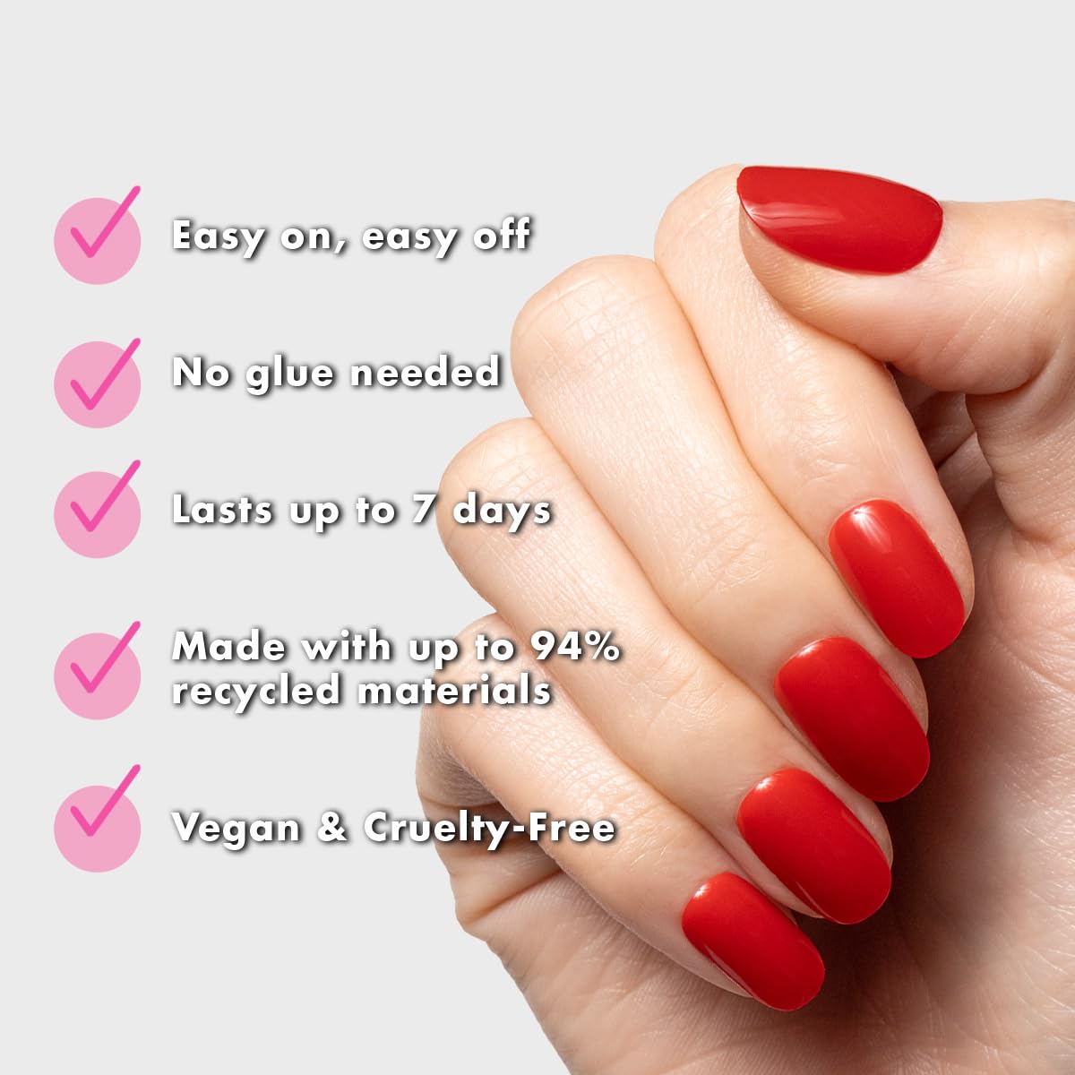 Olive & June Classic Super Stick Mani Press On Nails | No Glue Needed | 32 Tab Nails 16 Sizes | Non-Toxic Tabs Easy On-Off Non-Damaging Realist Look | 7-Day Wear | Short, Round| Lollipop Cherry Red