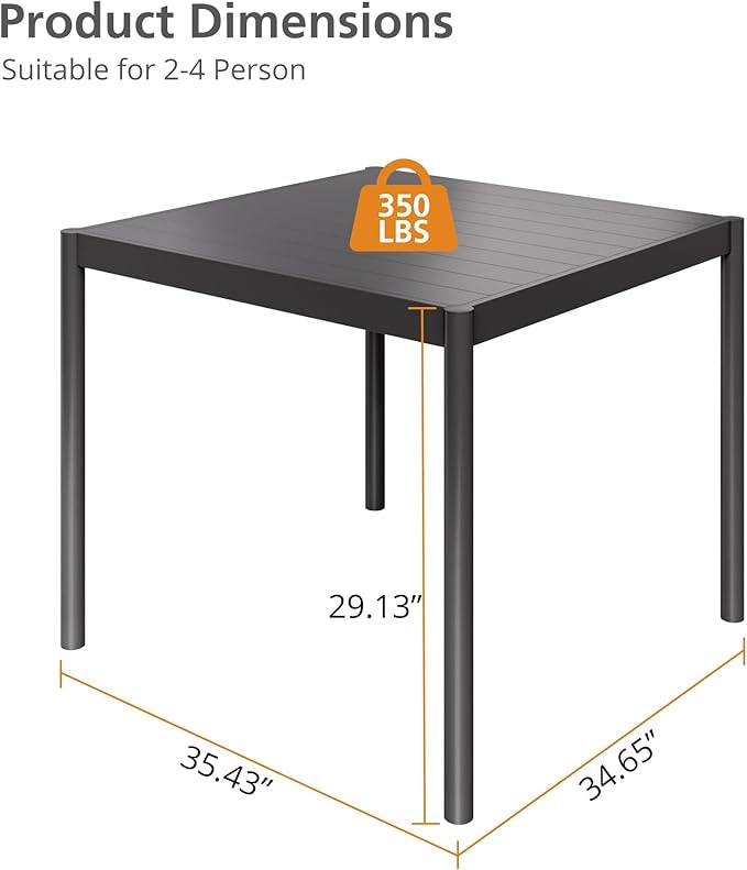 Aluminum Patio Dining Table for 2-4 Person, 34 in x 36 in Rectangle Outdoor Dining Table With Aluminum Tabletop and Metal Frame for Deck Garden Lawn Backyard, Black