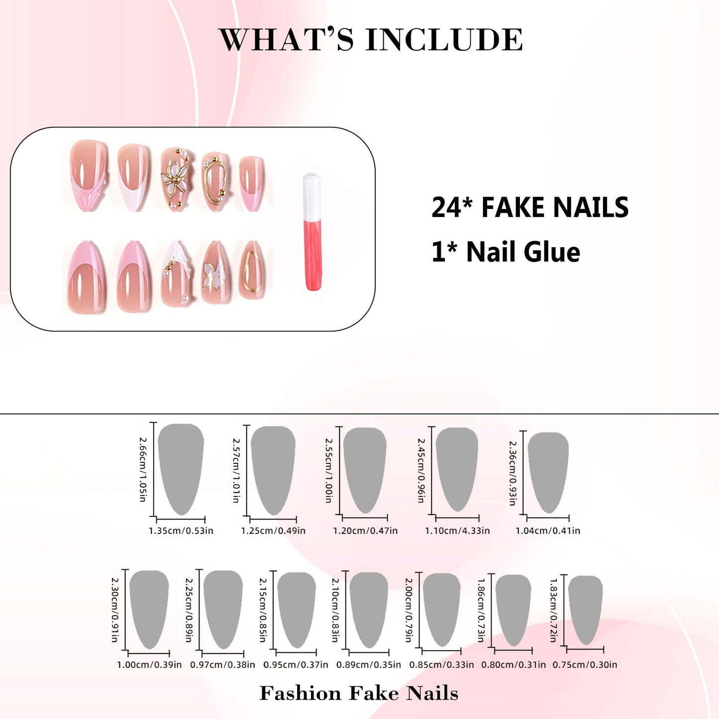 IMRAIN Pink Press on Nails Almond Medium Fake Nails with 3D Golden Flower Designs Glossy Gel Acrylic False Nails 24Pcs Glue on Nails for Women
