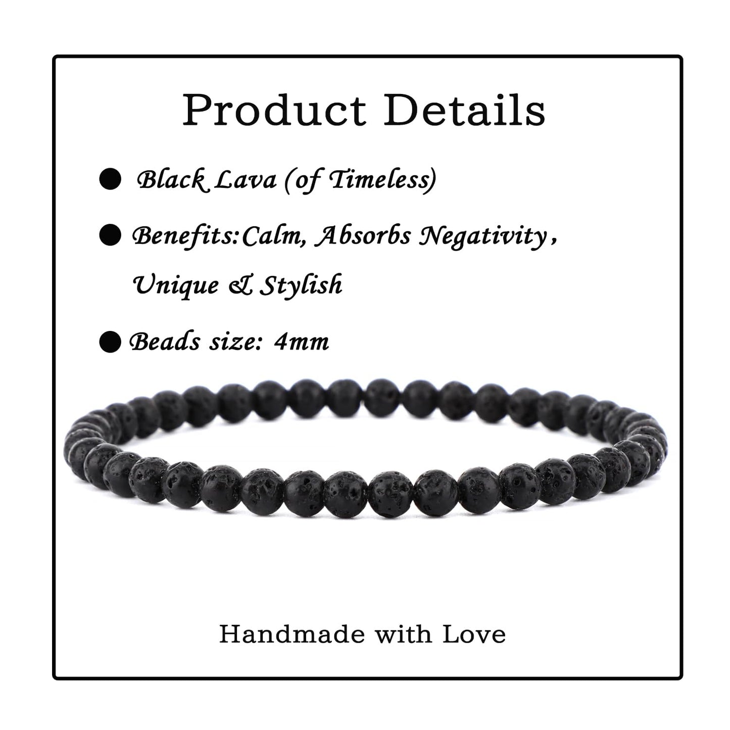 Bymitel 4mm Black Lava - Handmade Reiki Gemstone Stretch Bracelet, Natural Beauty & Spiritual Essence, Crystal Healing for Unisex Adults