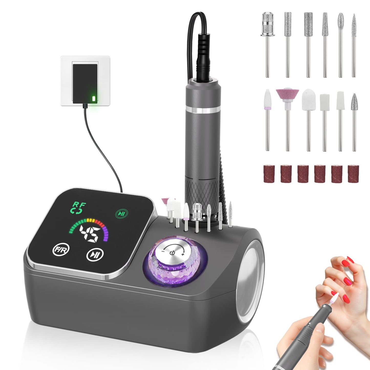 PYVOLA Professional Electric Nail Drill E-File Machine - 45,000 RPM Corded Nail Drills Kit with Low Noise & LED Display for Shaping, Removing & Polishing Acrylic Gel Nails for Salon Home